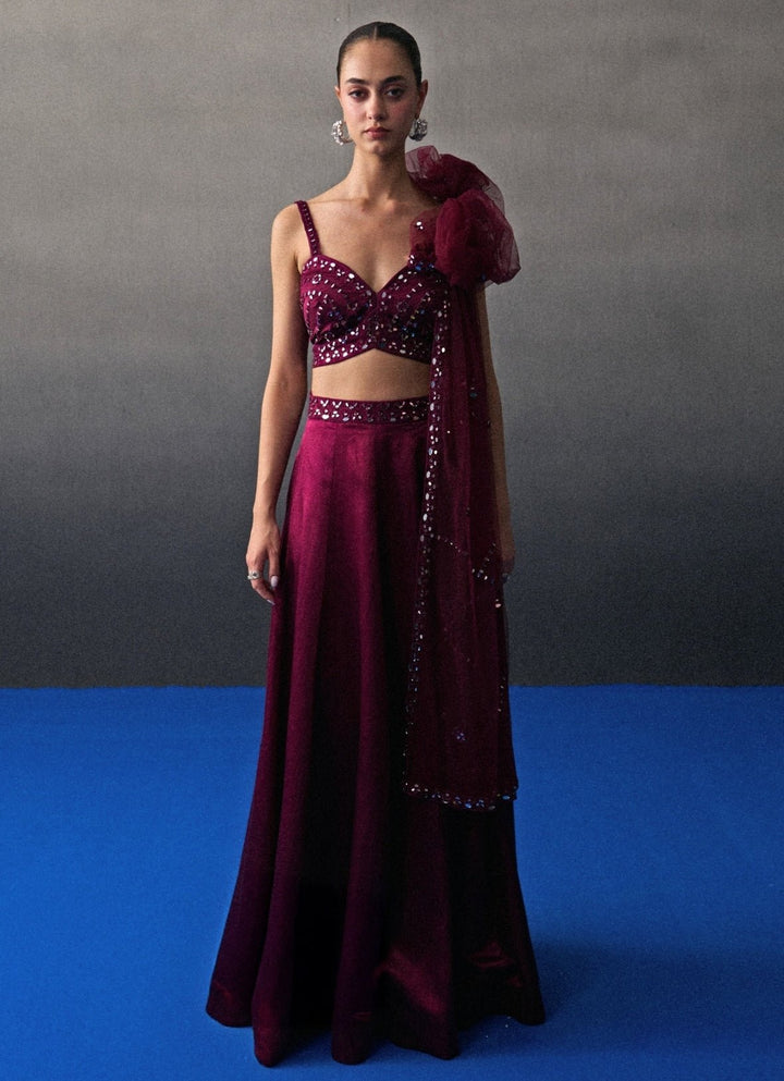 Crimson Red Satin Silk Lehenga Set Angad Singh - Fabilicious Fashion