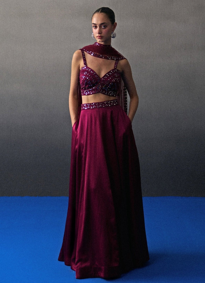 Crimson Red Satin Silk Lehenga Set Angad Singh - Fabilicious Fashion