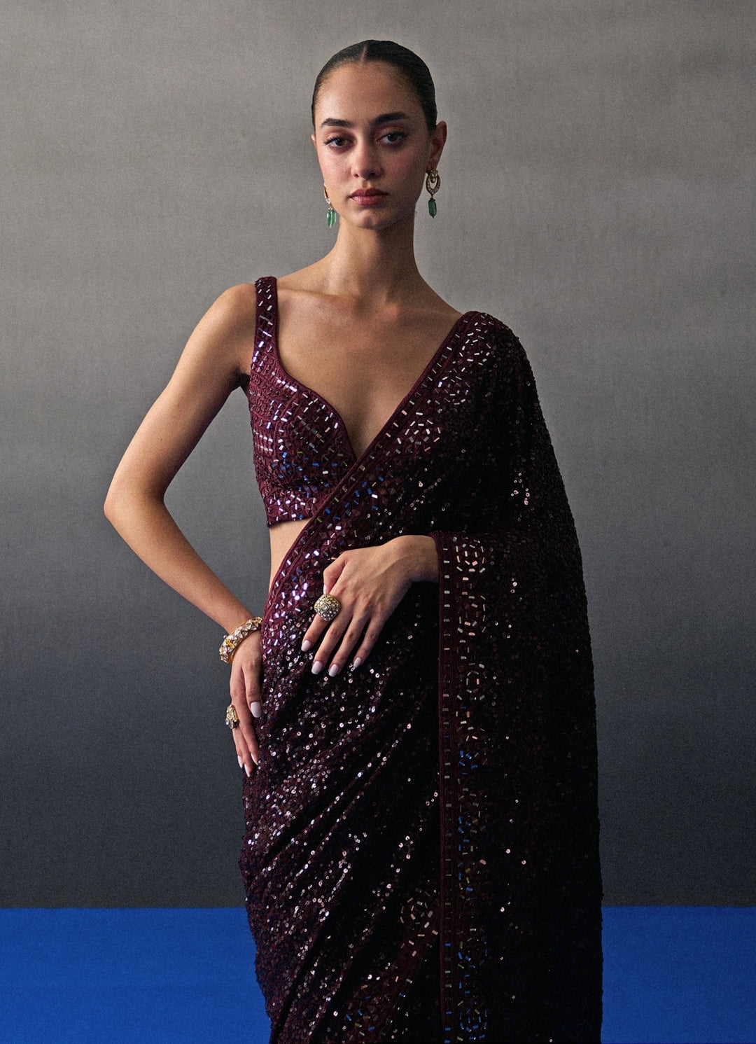 Crimson Red Sequins Embroidered Saree Angad Singh - Fabilicious Fashion