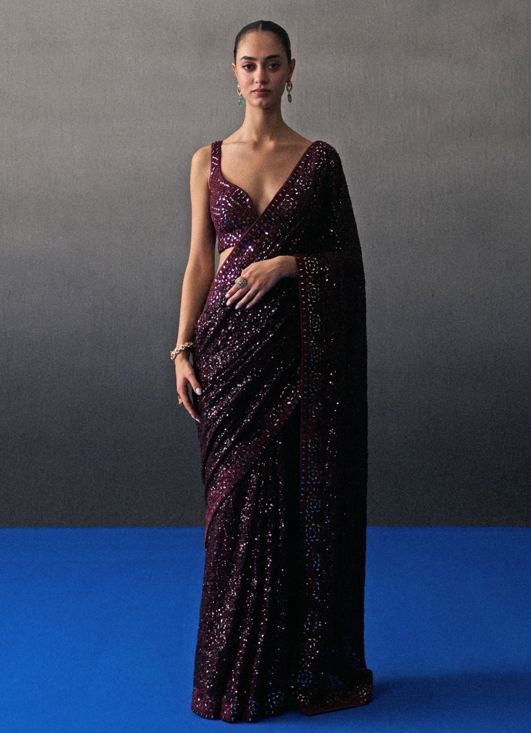 Crimson Red Sequins Embroidered Saree Angad Singh - Fabilicious Fashion