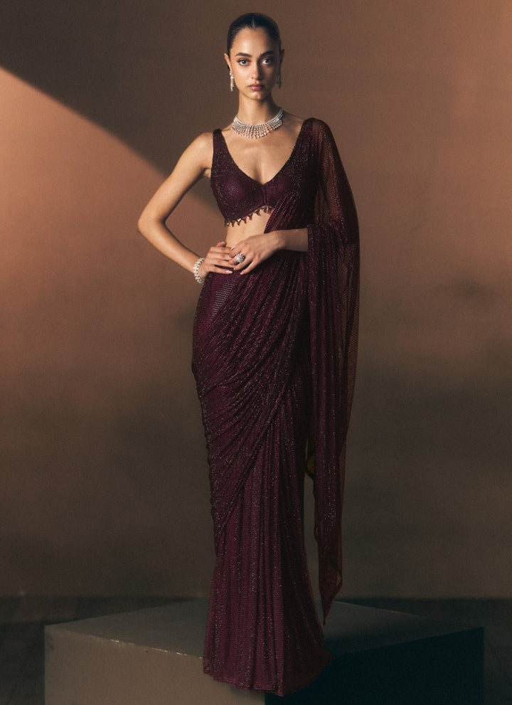 Angad Singh Crimson Red Soft Net Pre-Draped SareeFabilicious Fashion