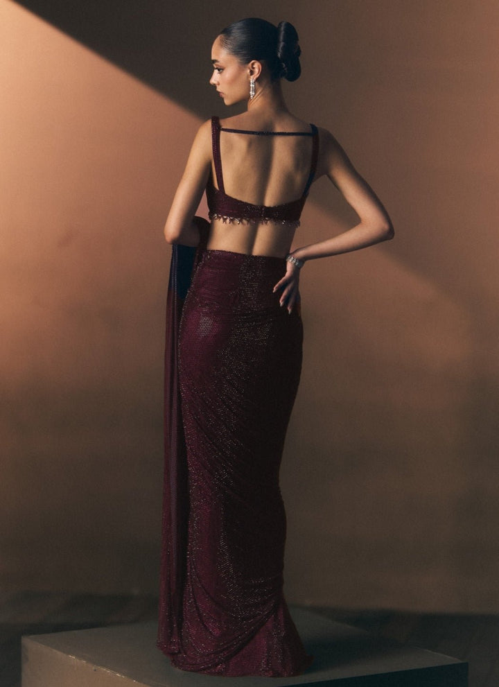Angad Singh Crimson Red Soft Net Pre-Draped SareeFabilicious Fashion