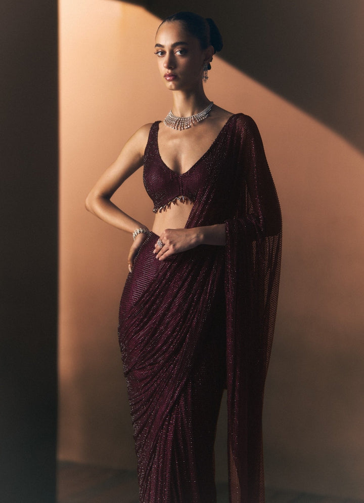 Angad Singh Crimson Red Soft Net Pre-Draped SareeFabilicious Fashion