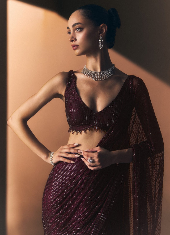 Angad Singh Crimson Red Soft Net Pre-Draped SareeFabilicious Fashion