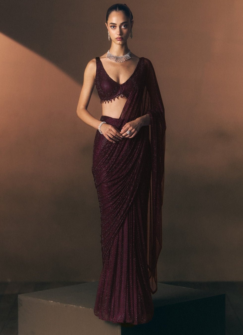 Angad Singh Crimson Red Soft Net Pre-Draped SareeFabilicious Fashion