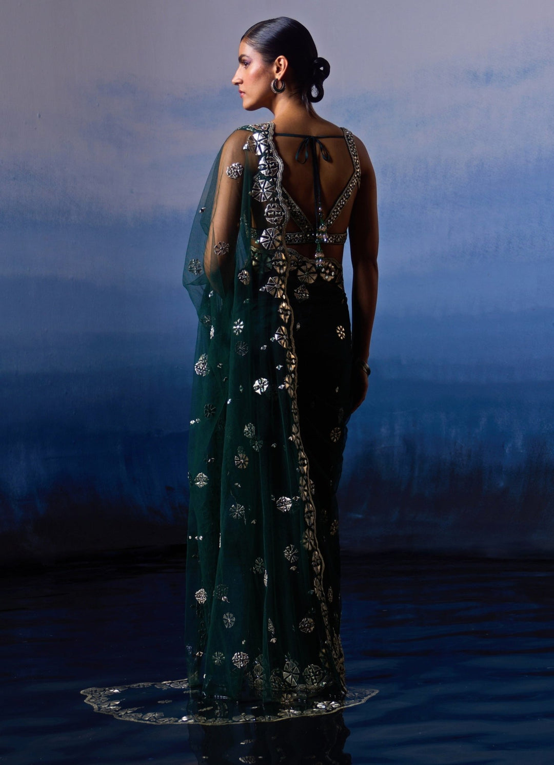 Dark Green Applique and Mirror Sari Angad Singh - Fabilicious Fashion