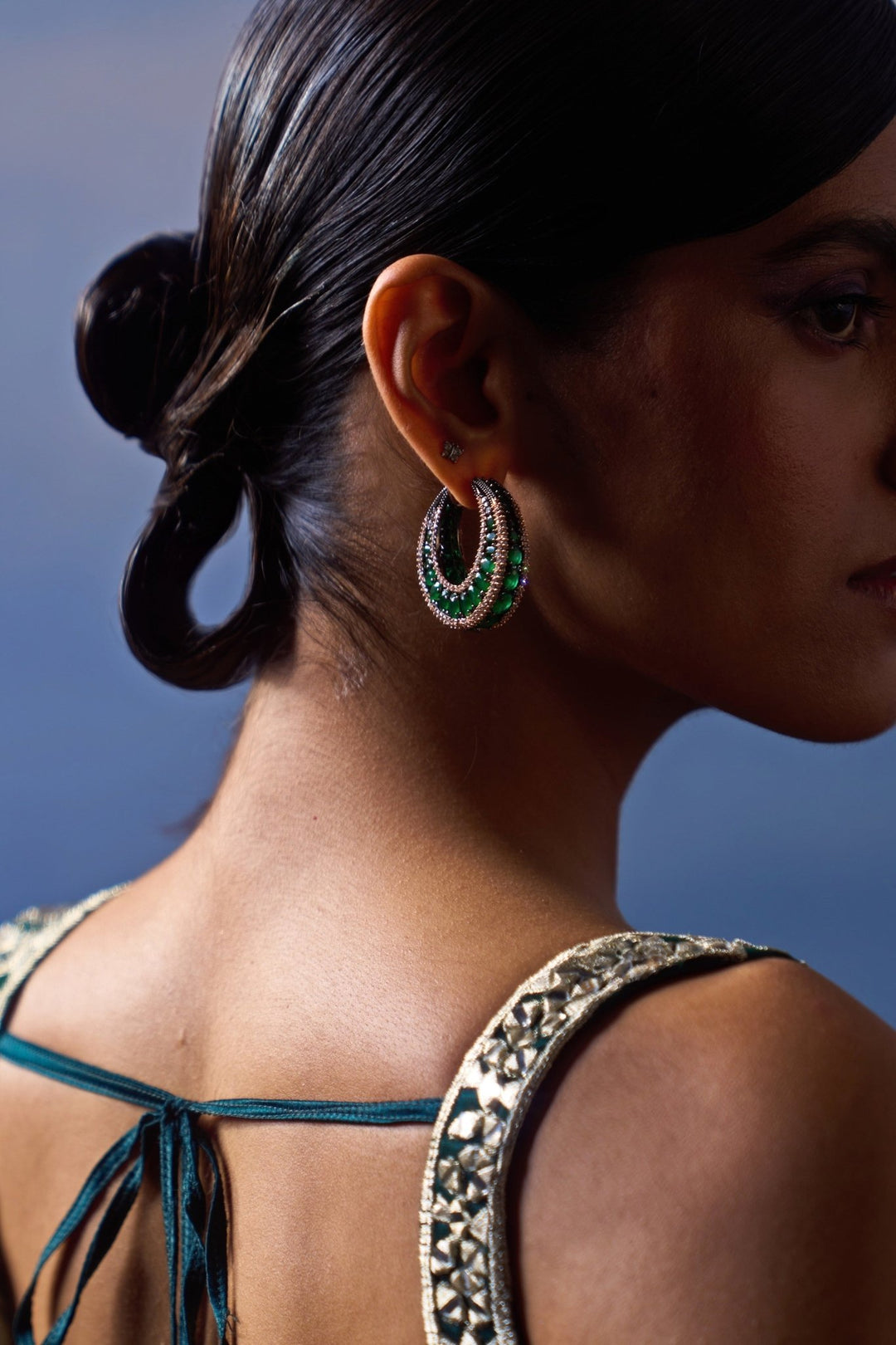 Dark Green Applique and Mirror Sari Angad Singh - Fabilicious Fashion
