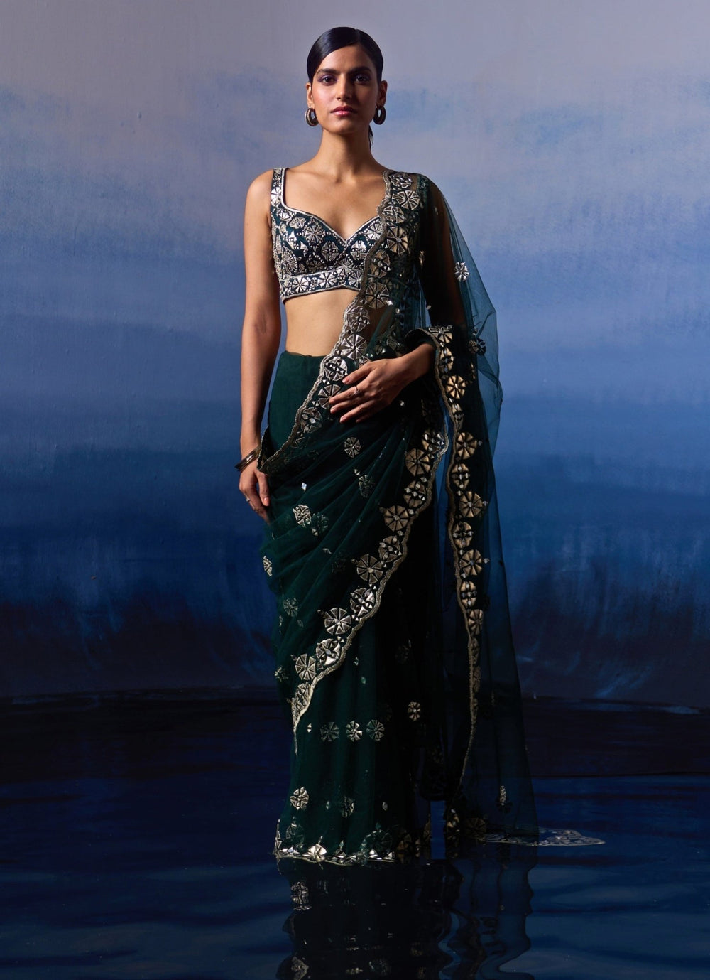 Dark Green Applique and Mirror Sari Angad Singh - Fabilicious Fashion