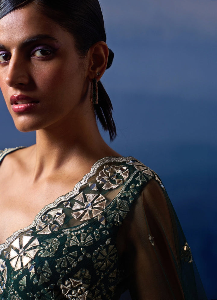 Dark Green Applique and Mirror Sari Angad Singh - Fabilicious Fashion
