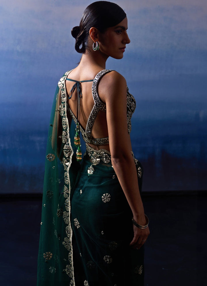 Dark Green Applique and Mirror Sari Angad Singh - Fabilicious Fashion