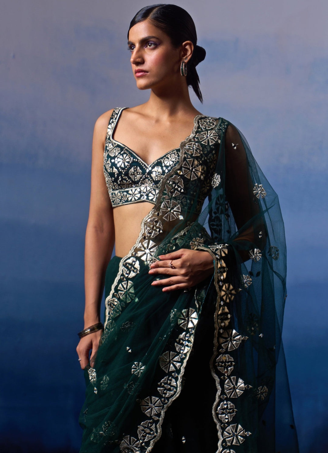Dark Green Applique and Mirror Sari Angad Singh - Fabilicious Fashion