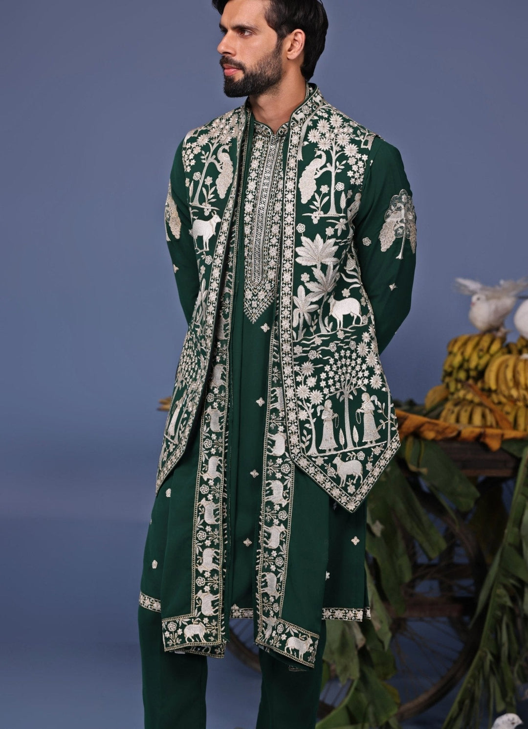 Dark Green Resham Embroidered Kurta with Asymmetric Jacket Kalpraag - Fabilicious Fashion
