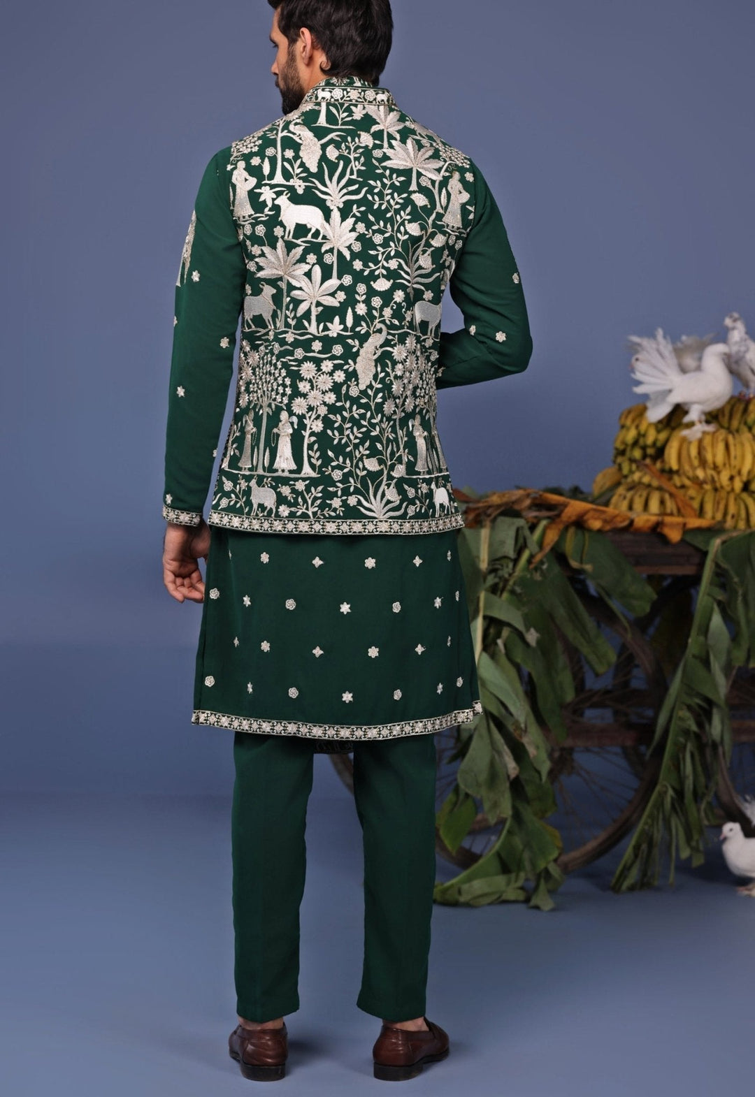 Dark Green Resham Embroidered Kurta with Asymmetric Jacket Kalpraag - Fabilicious Fashion