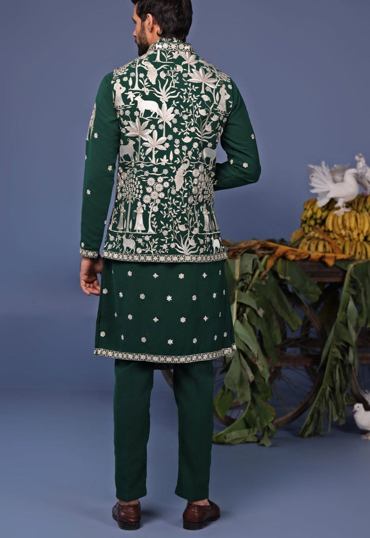 Dark Green Resham Embroidered Kurta with Asymmetric Jacket Kalpraag - Fabilicious Fashion