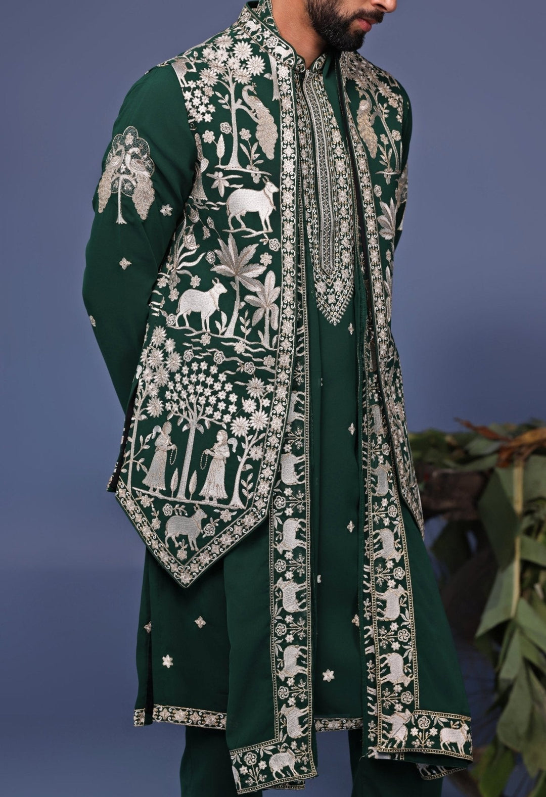 Dark Green Resham Embroidered Kurta with Asymmetric Jacket Kalpraag - Fabilicious Fashion