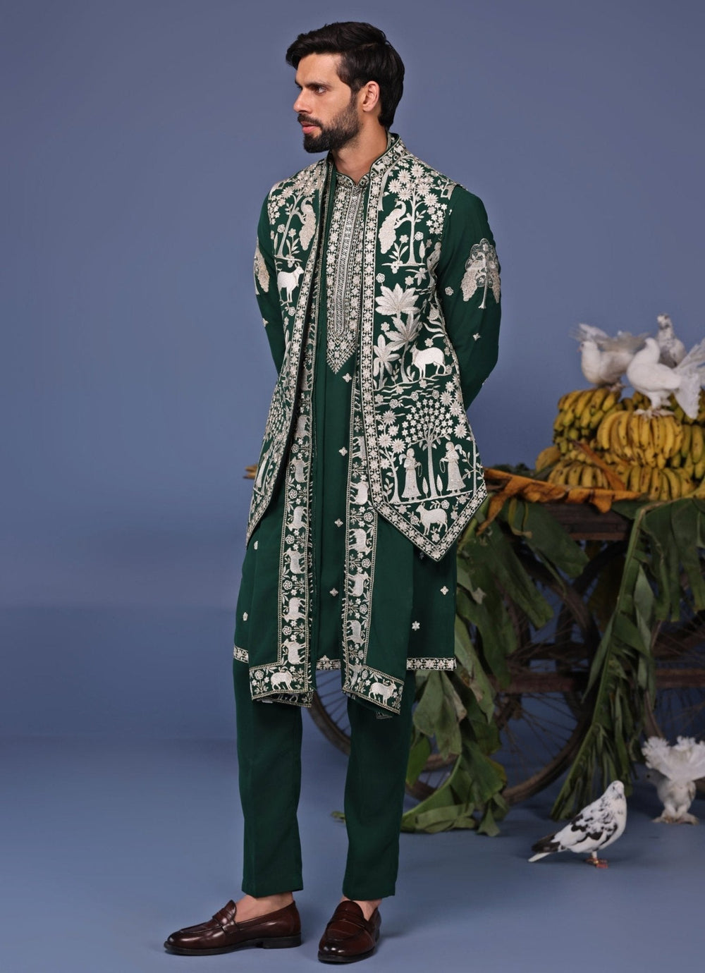 Dark Green Resham Embroidered Kurta with Asymmetric Jacket Kalpraag - Fabilicious Fashion
