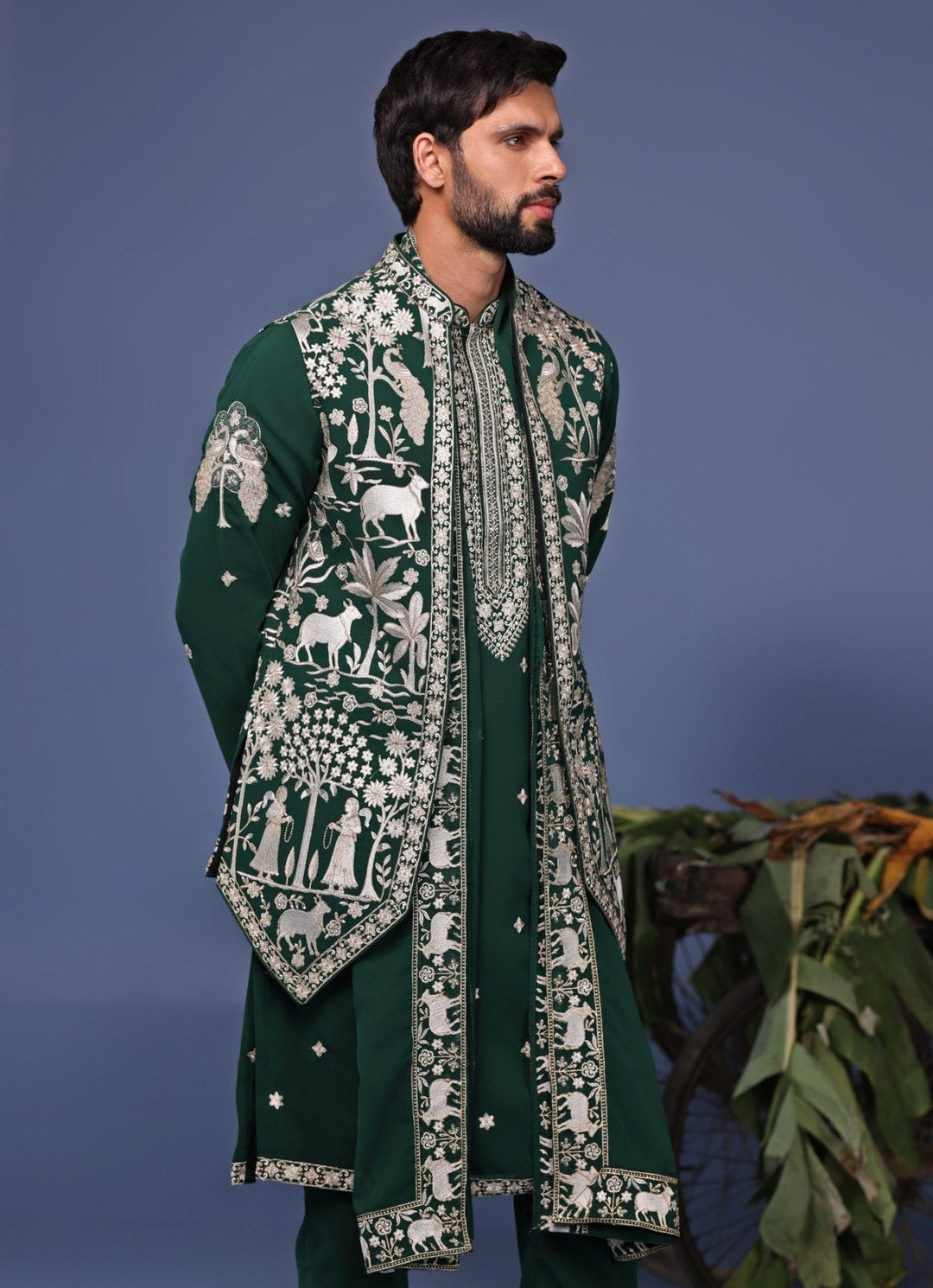 Dark Green Resham Embroidered Kurta with Asymmetric Jacket Kalpraag - Fabilicious Fashion