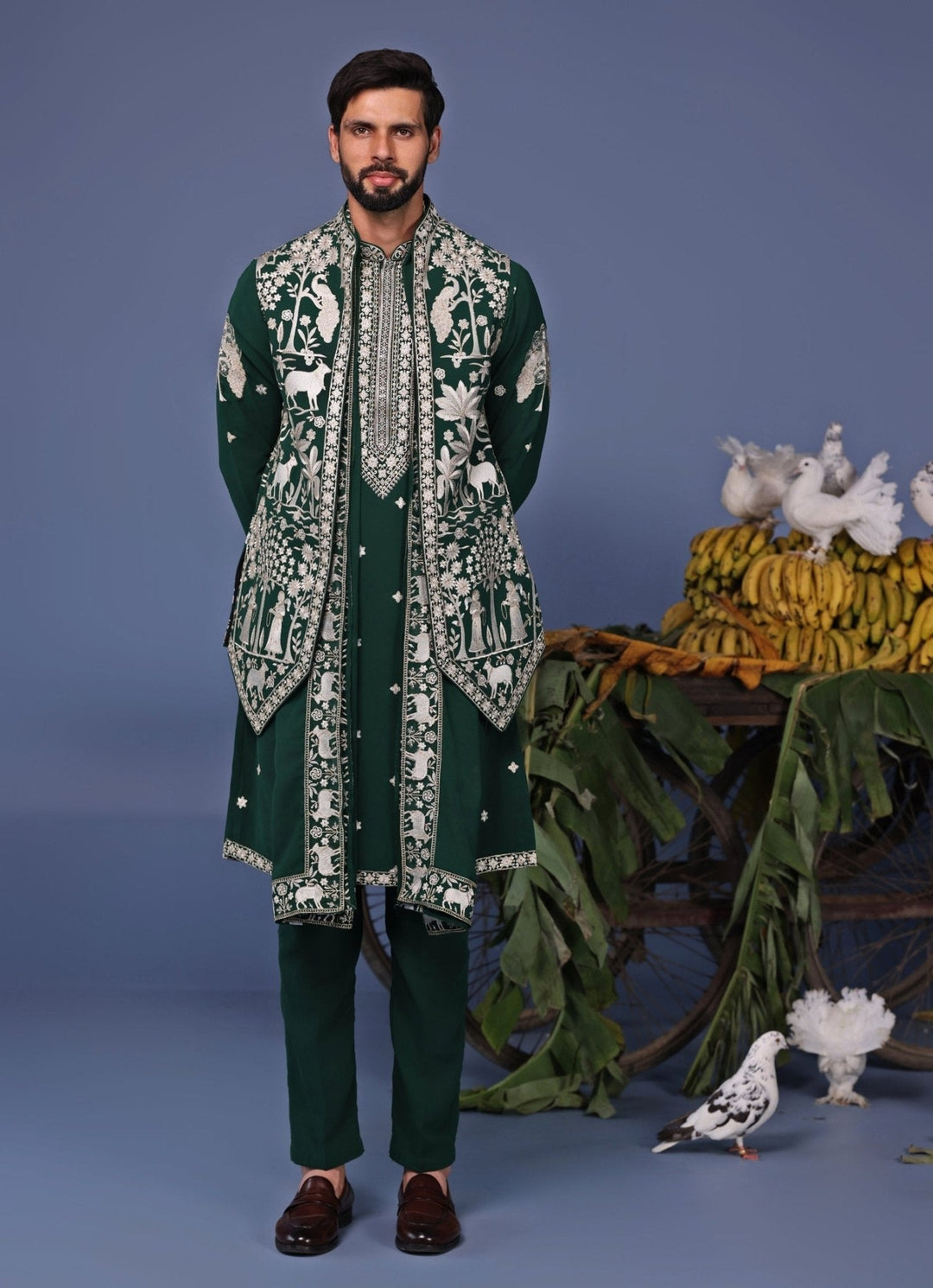 Dark Green Resham Embroidered Kurta with Asymmetric Jacket Kalpraag - Fabilicious Fashion
