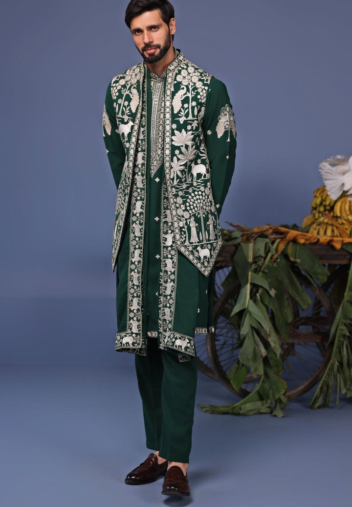 Dark Green Resham Embroidered Kurta with Asymmetric Jacket Kalpraag - Fabilicious Fashion