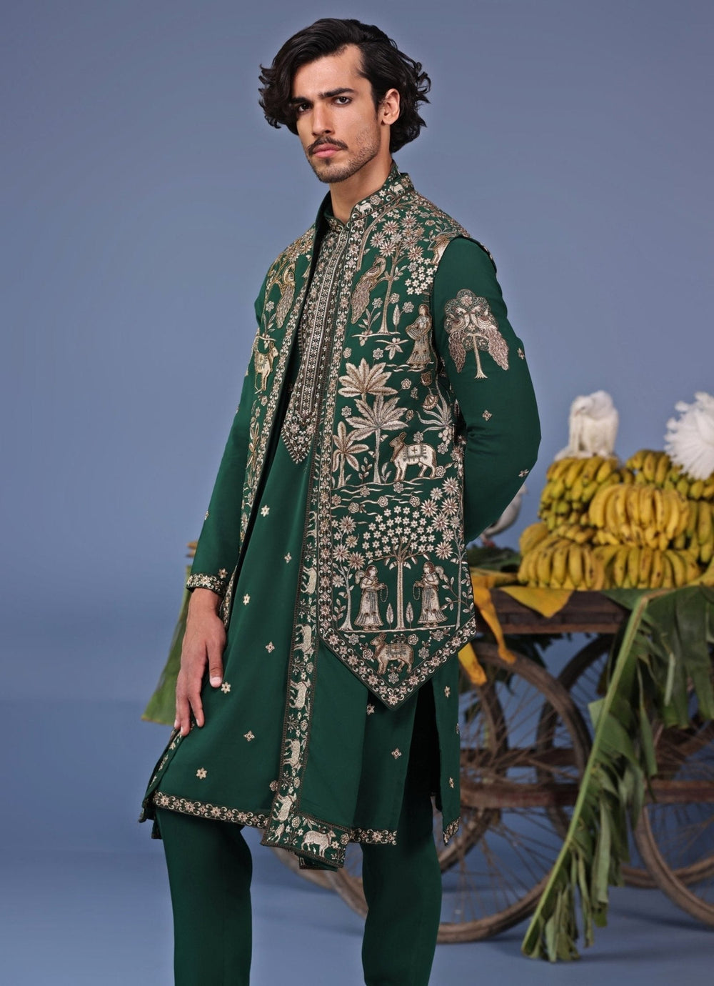 Dark Green Zari Embroidered Kurta Set with Asymmetric Jacket Kalpraag - Fabilicious Fashion