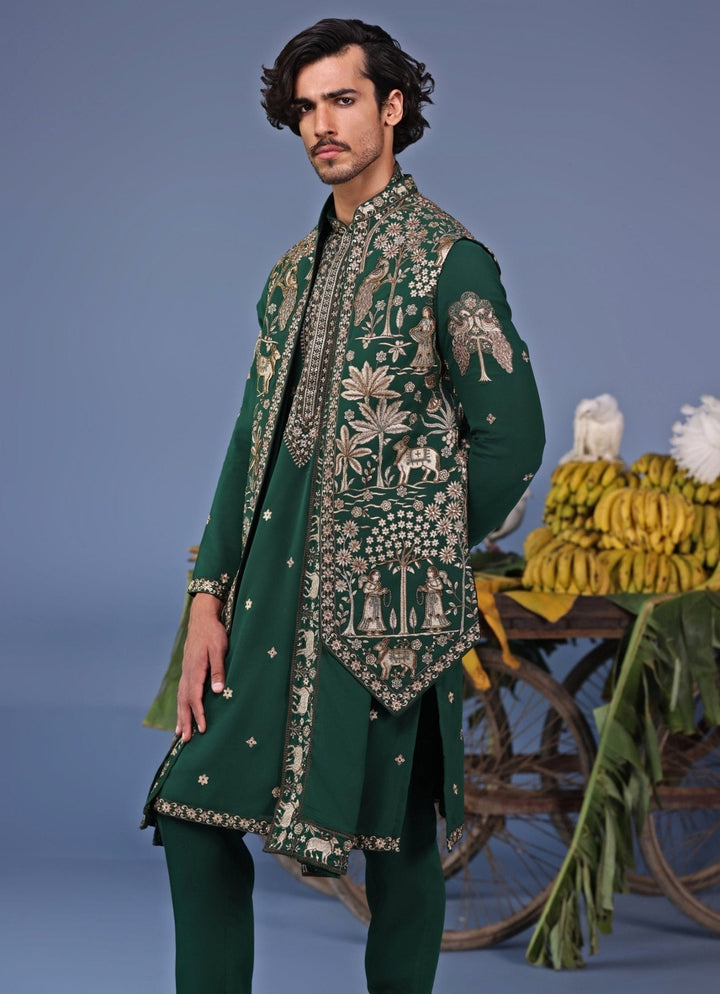 Dark Green Zari Embroidered Kurta Set with Asymmetric Jacket Kalpraag - Fabilicious Fashion