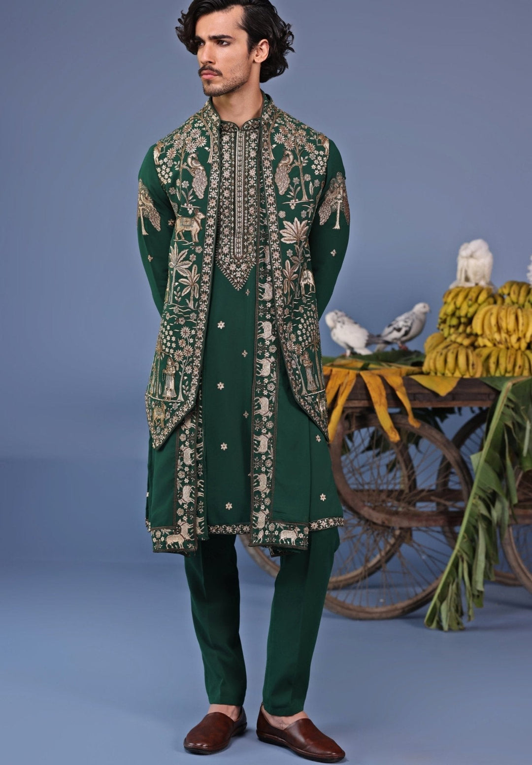 Dark Green Zari Embroidered Kurta Set with Asymmetric Jacket Kalpraag - Fabilicious Fashion