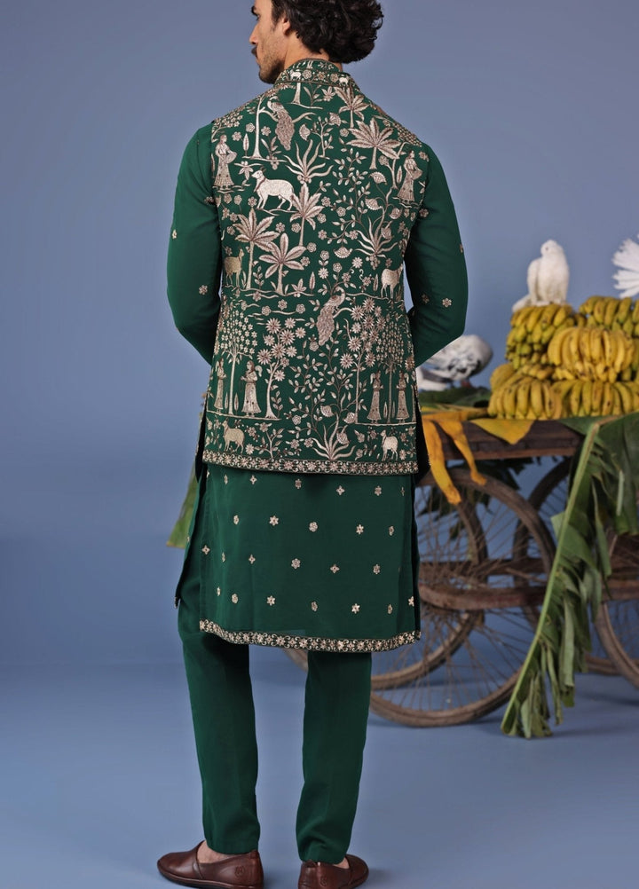 Dark Green Zari Embroidered Kurta Set with Asymmetric Jacket Kalpraag - Fabilicious Fashion