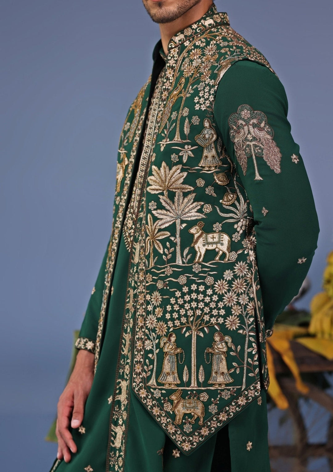 Dark Green Zari Embroidered Kurta Set with Asymmetric Jacket Kalpraag - Fabilicious Fashion