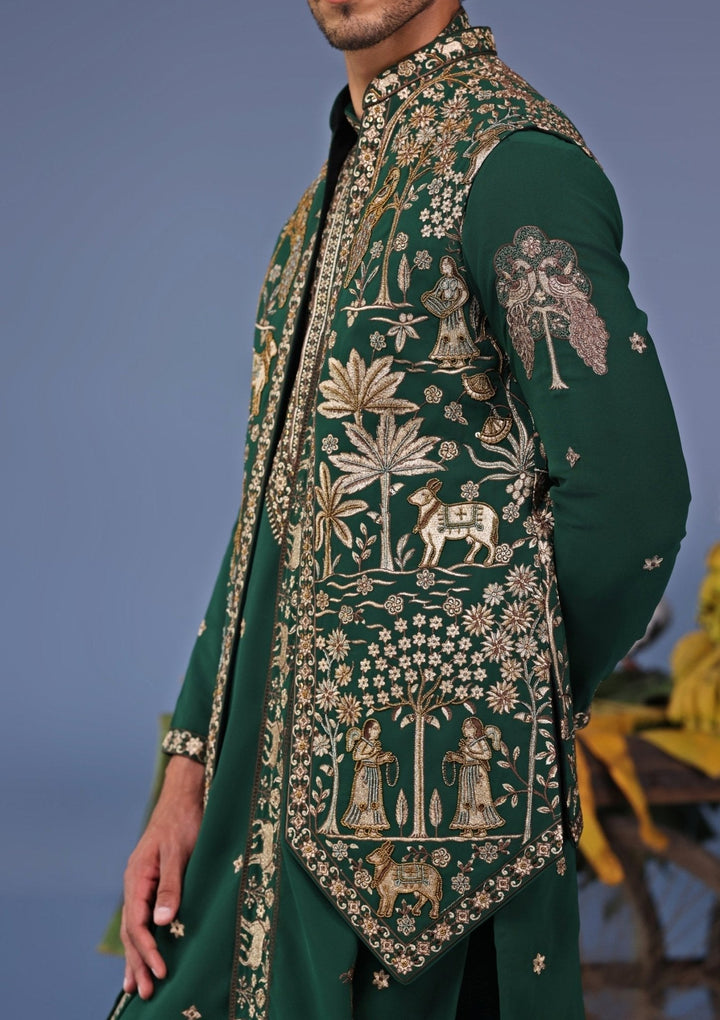 Dark Green Zari Embroidered Kurta Set with Asymmetric Jacket Kalpraag - Fabilicious Fashion