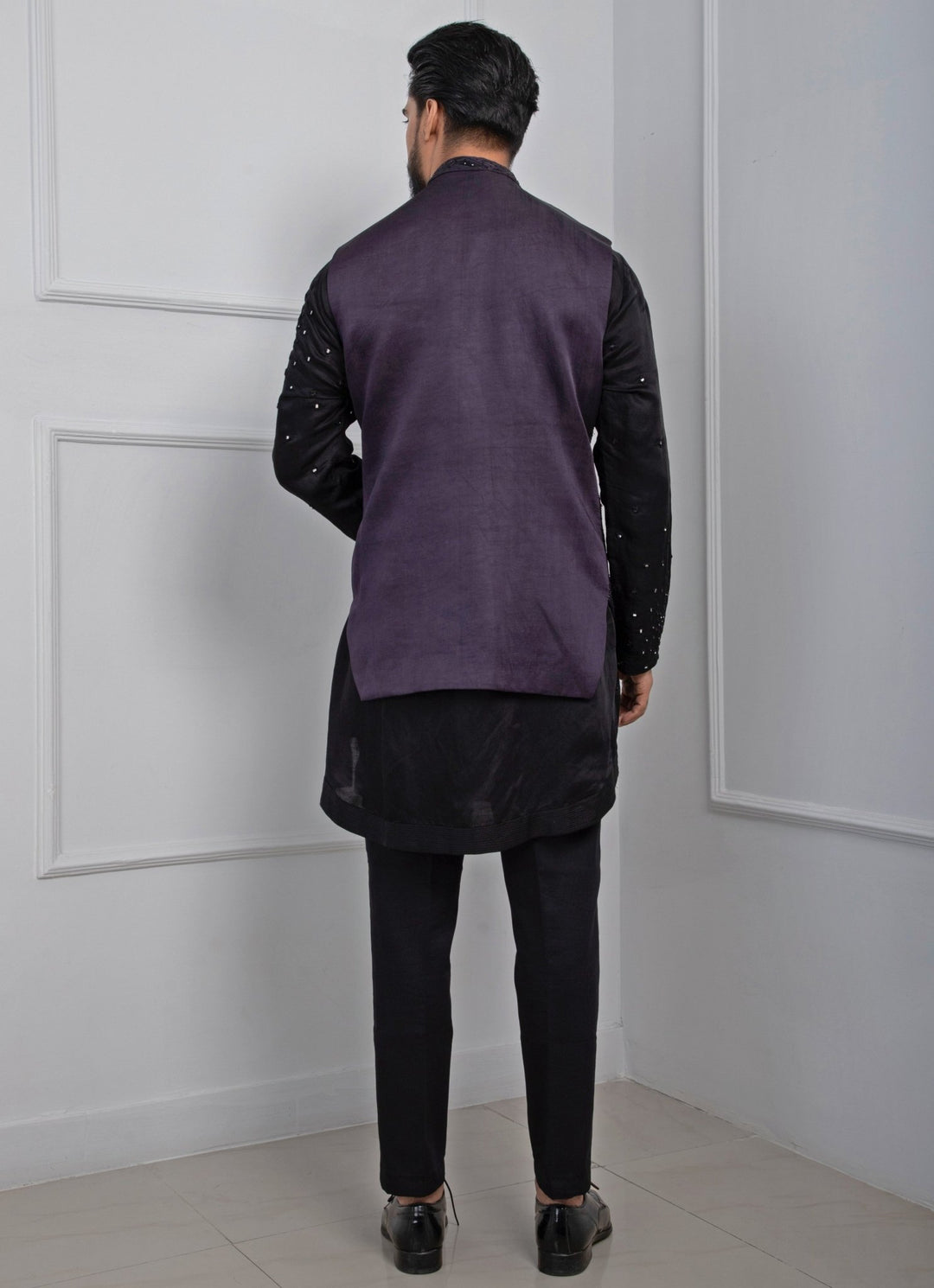 Dark Purple Embroidered Nehru Jacket With Black Kurta Set Smriti - Fabilicious Fashion
