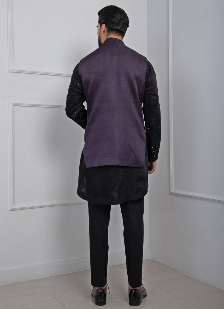 Dark Purple Embroidered Nehru Jacket With Black Kurta Set Smriti - Fabilicious Fashion