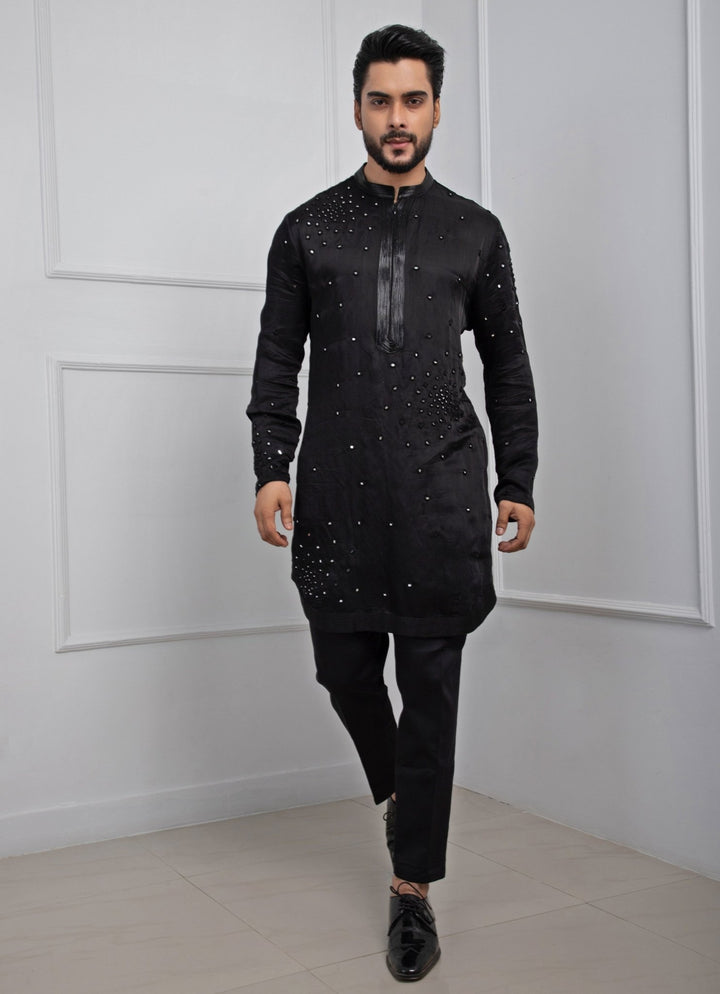 Dark Purple Embroidered Nehru Jacket With Black Kurta Set Smriti - Fabilicious Fashion