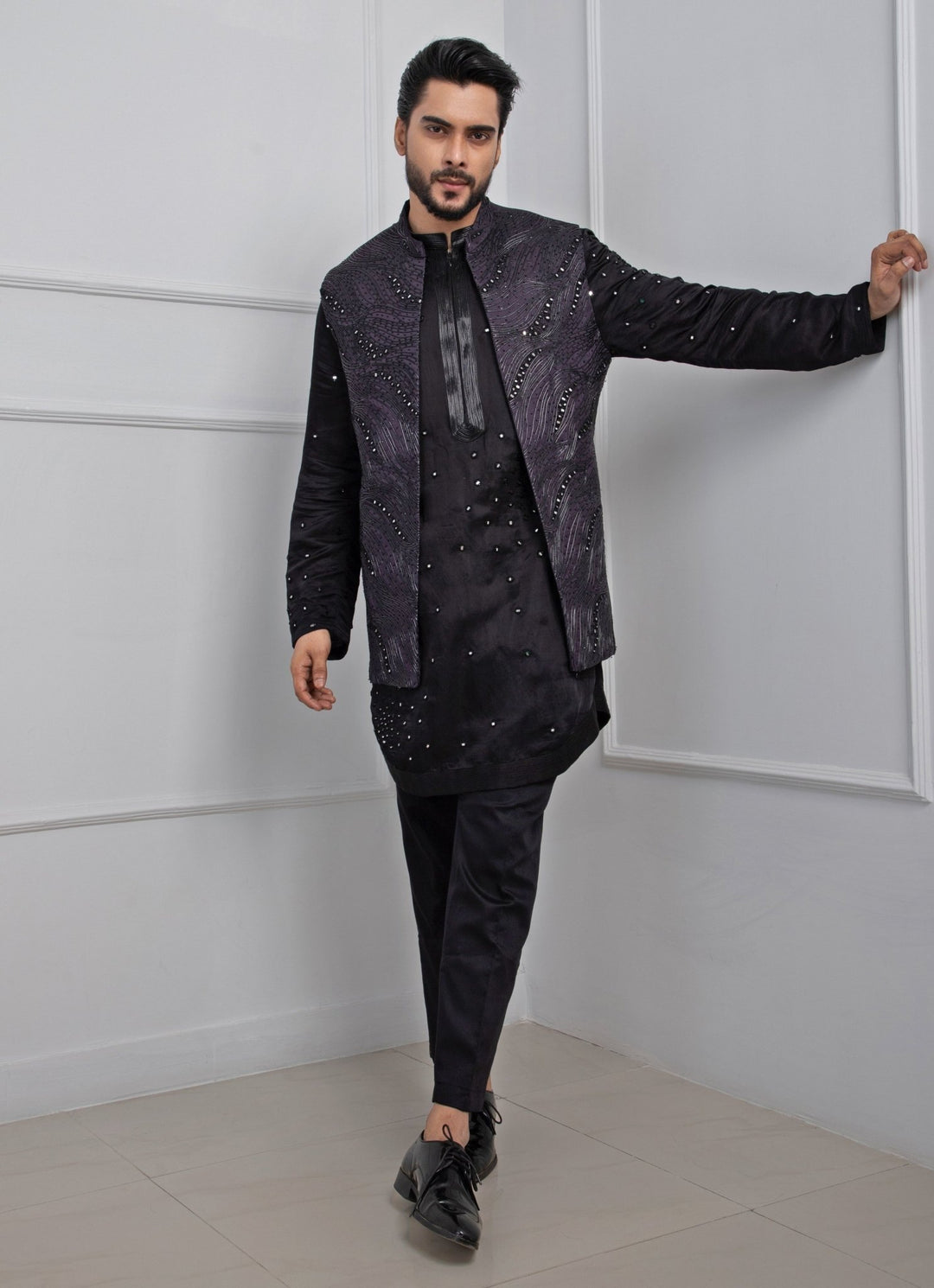 Dark Purple Embroidered Nehru Jacket With Black Kurta Set Smriti - Fabilicious Fashion