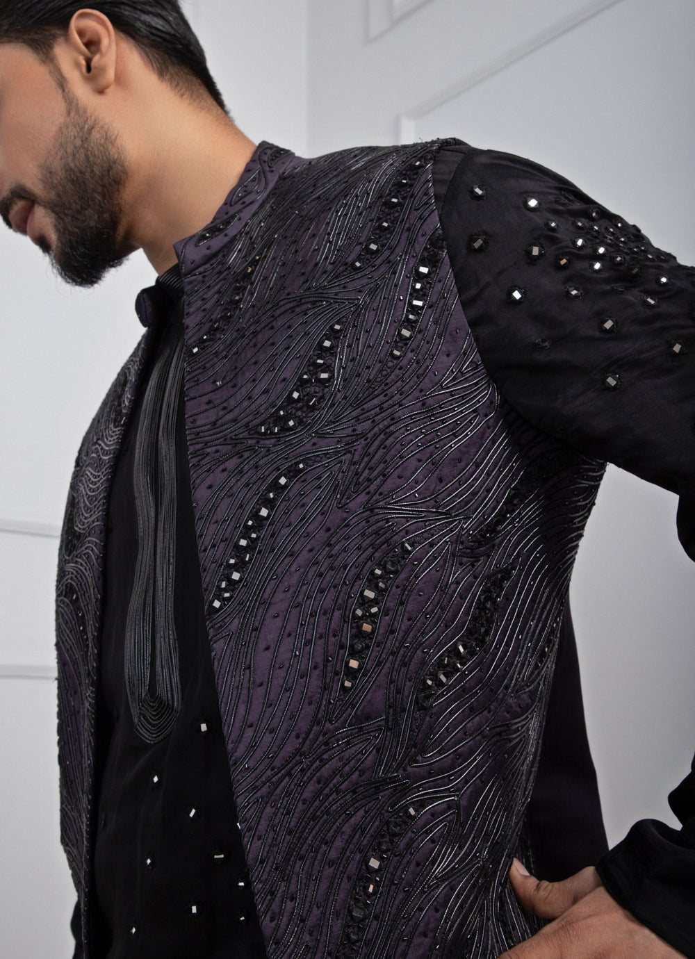 Dark Purple Embroidered Nehru Jacket With Black Kurta Set Smriti - Fabilicious Fashion