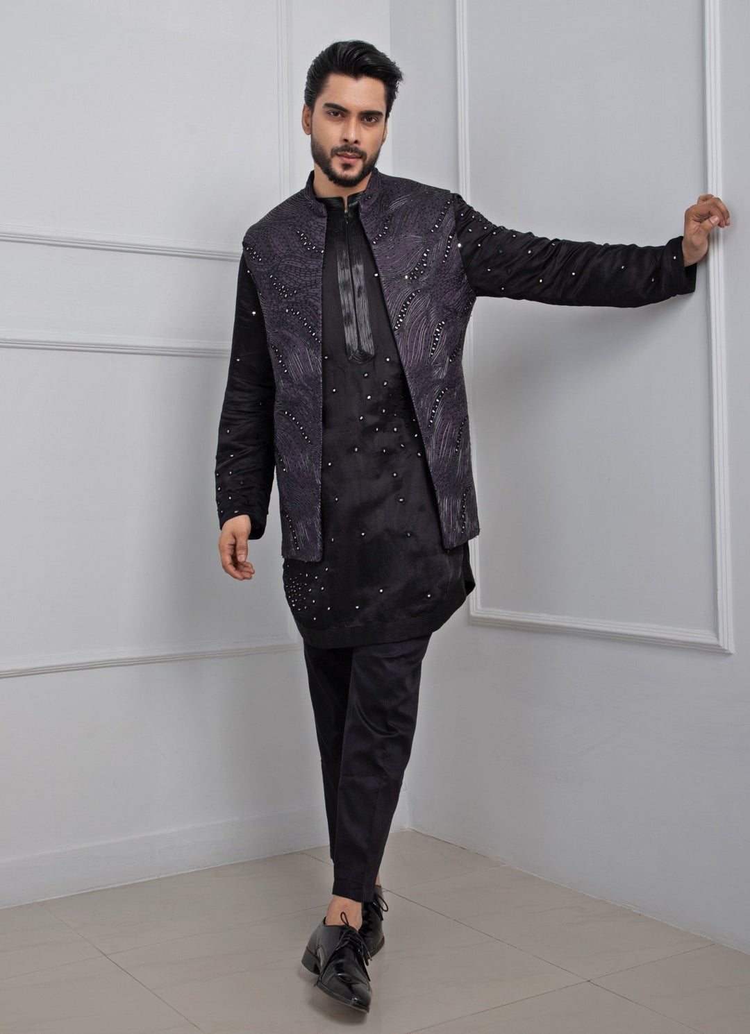 Dark Purple Embroidered Satin Nehru Jacket Smriti - Fabilicious Fashion