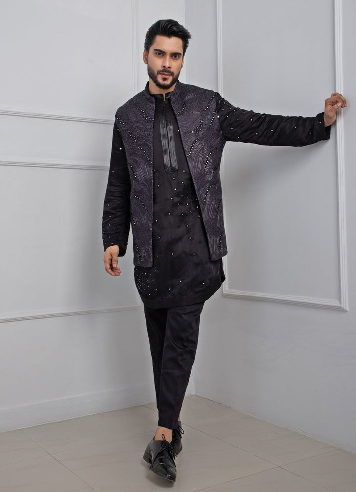 Dark Purple Embroidered Satin Nehru Jacket Smriti - Fabilicious Fashion
