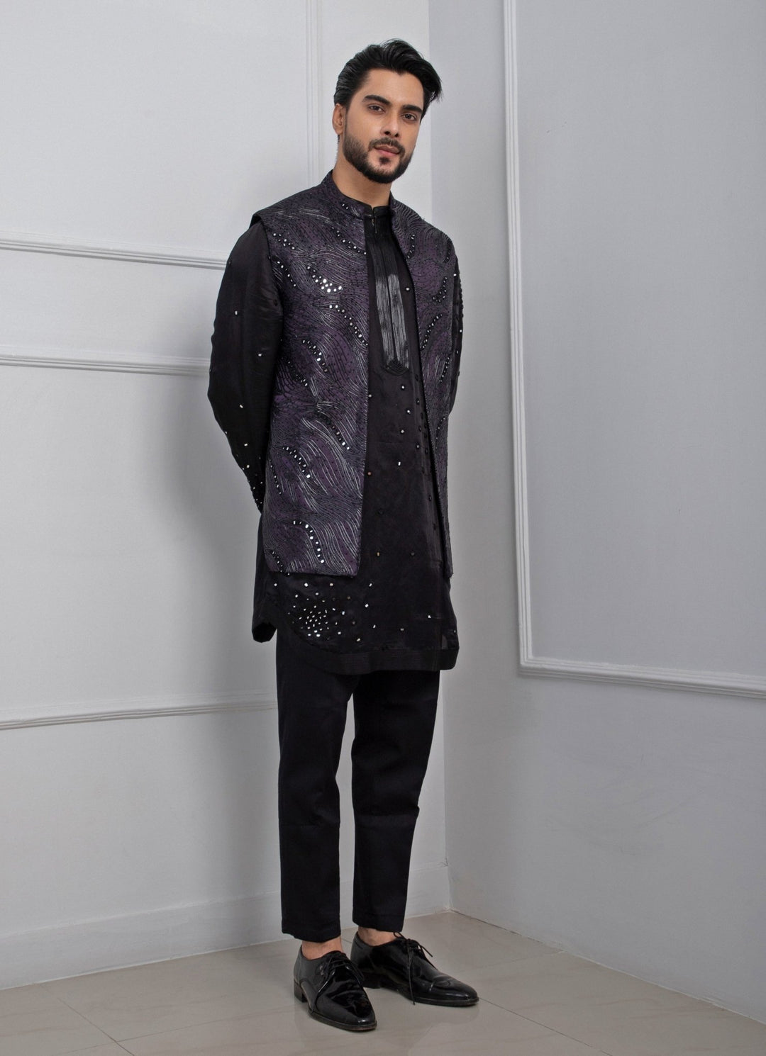 Dark Purple Embroidered Satin Nehru Jacket Smriti - Fabilicious Fashion