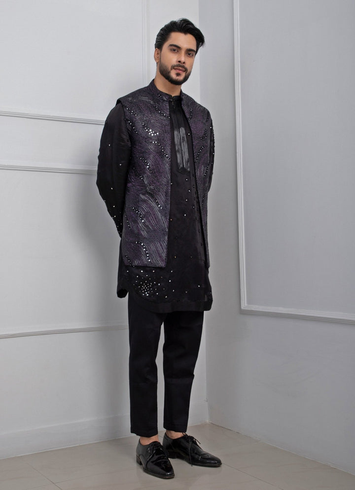 Dark Purple Embroidered Satin Nehru Jacket Smriti - Fabilicious Fashion