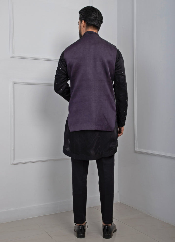 Dark Purple Embroidered Satin Nehru Jacket Smriti - Fabilicious Fashion