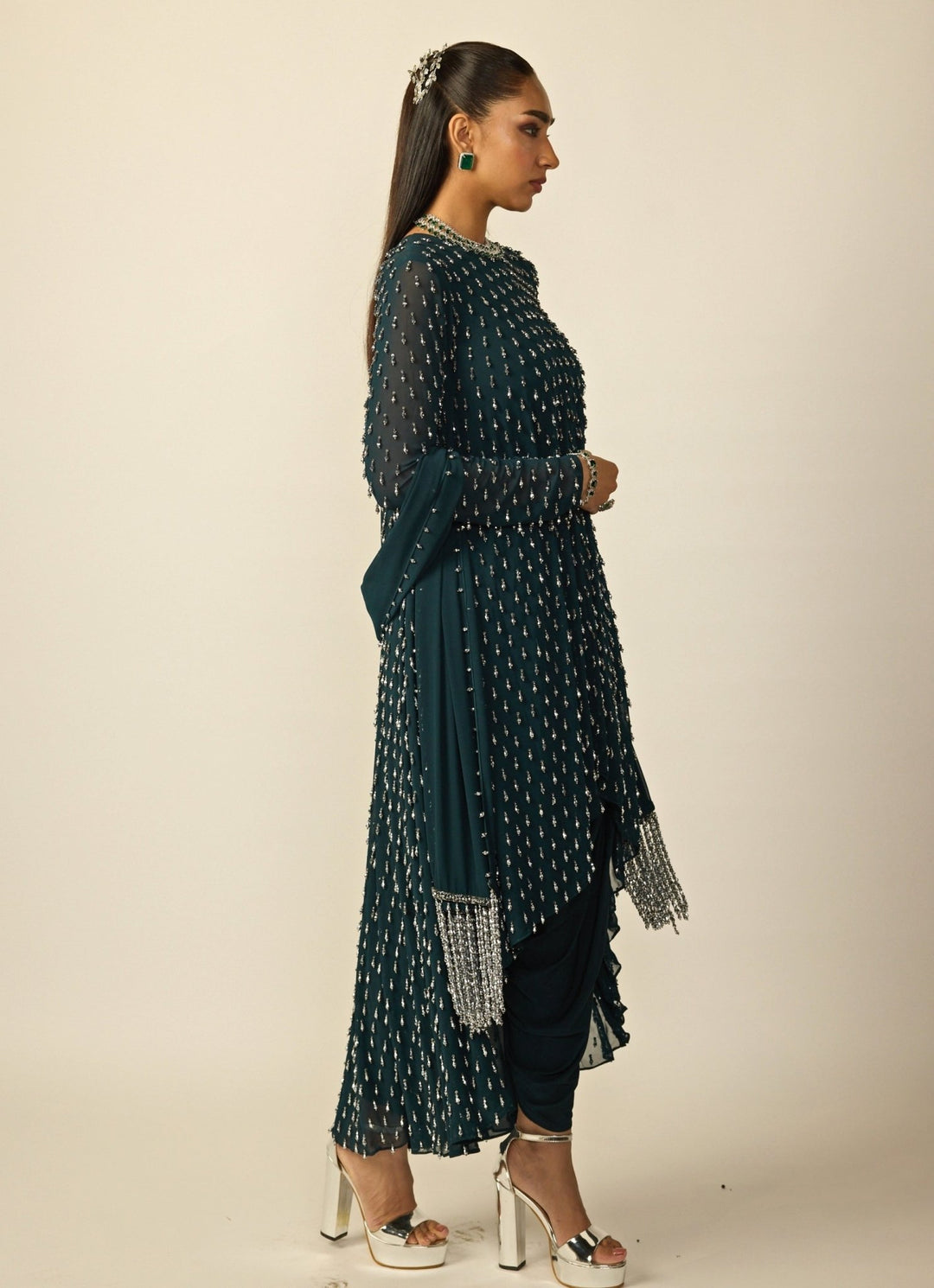 Dark Teal Green Georgette High Low Kurta Set Vvani by Vani Vats - Fabilicious Fashion