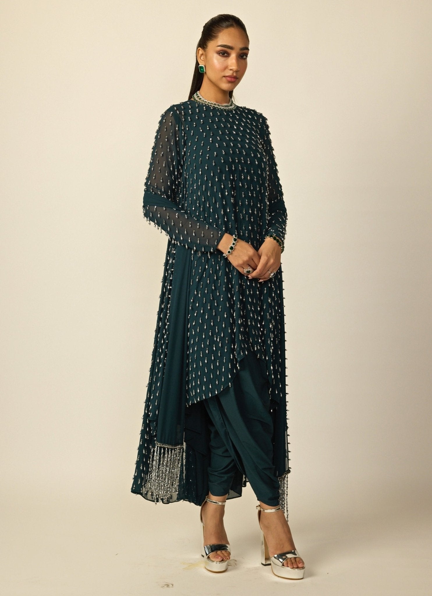 Vvani by Vani Vats dark teal green georgette high-low kurta set — Eid party