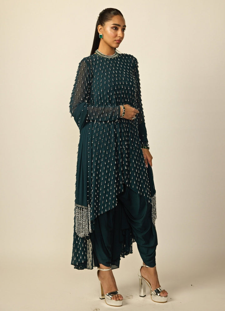 Dark Teal Green Georgette High Low Kurta Set Vvani by Vani Vats - Fabilicious Fashion