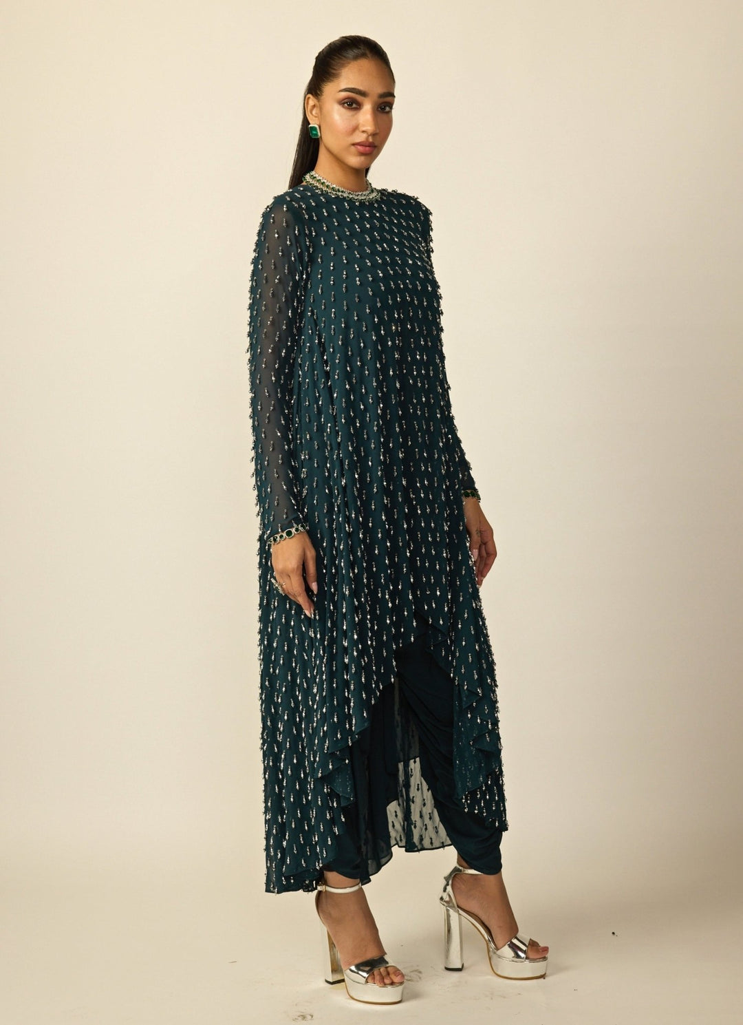 Dark Teal Green Georgette High Low Kurta Set Vvani by Vani Vats - Fabilicious Fashion