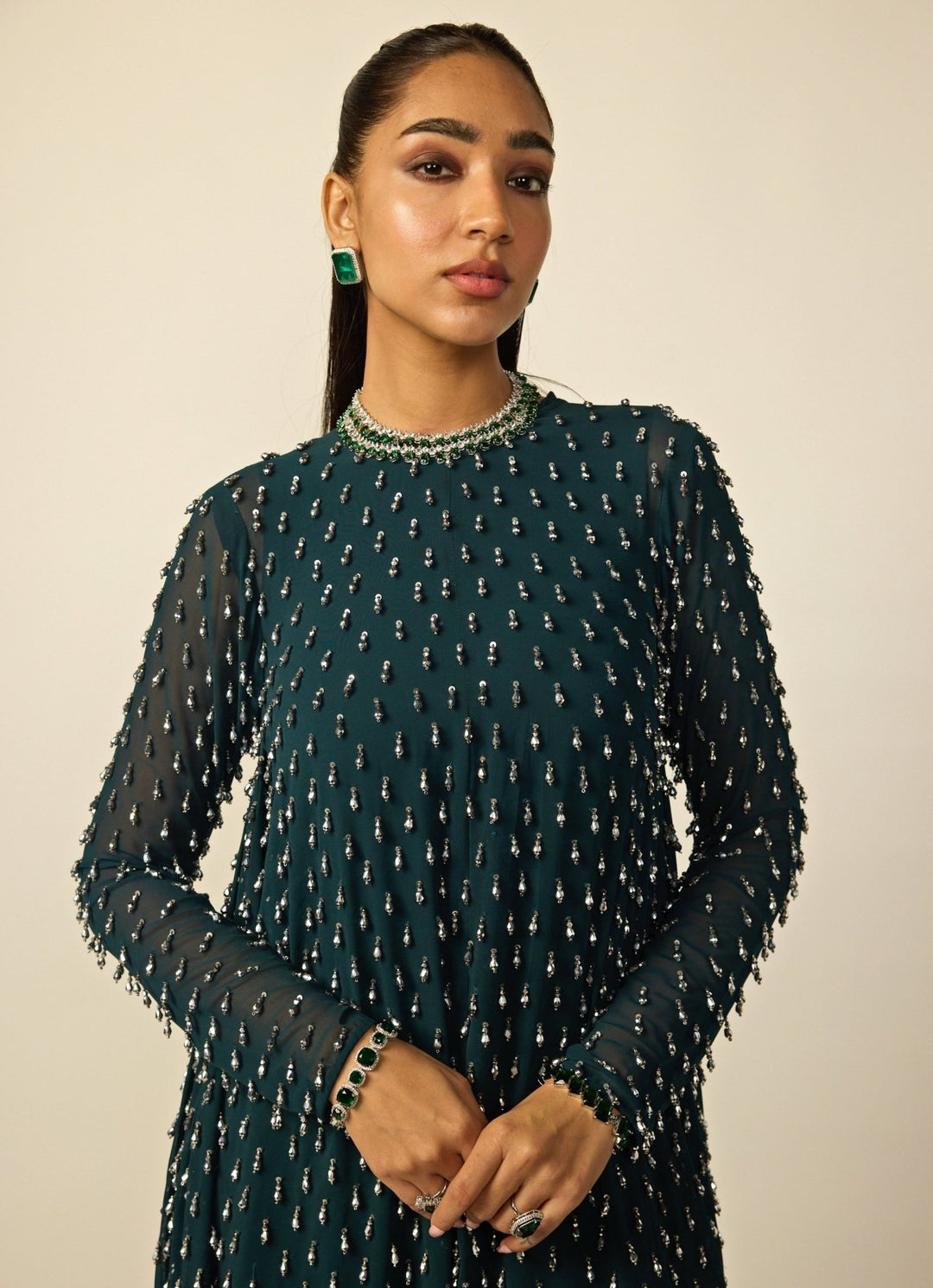 Dark Teal Green Georgette High Low Kurta Set Vvani by Vani Vats - Fabilicious Fashion