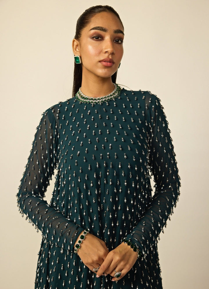 Dark Teal Green Georgette High Low Kurta Set Vvani by Vani Vats - Fabilicious Fashion