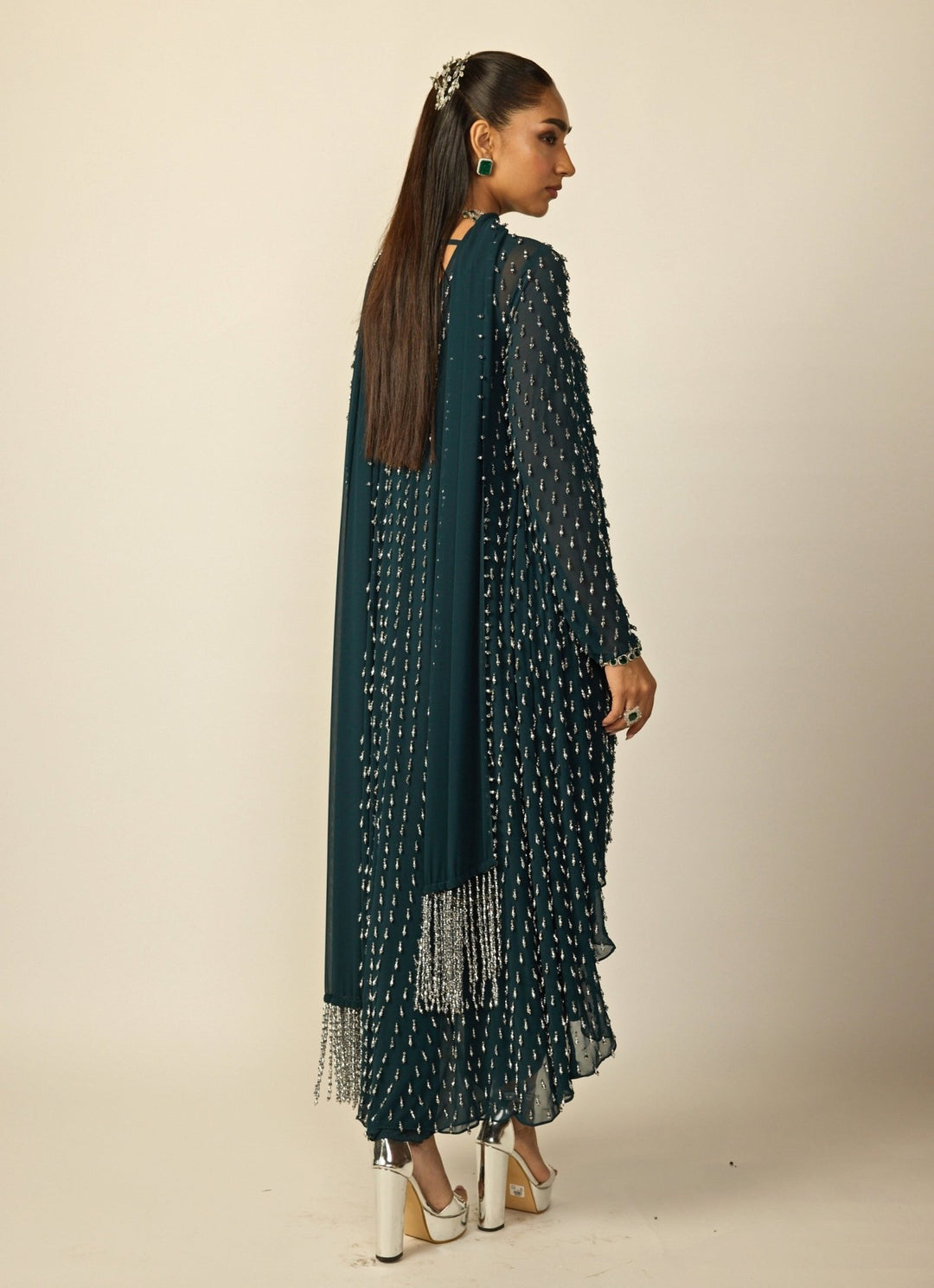 Dark Teal Green Georgette High Low Kurta Set Vvani by Vani Vats - Fabilicious Fashion