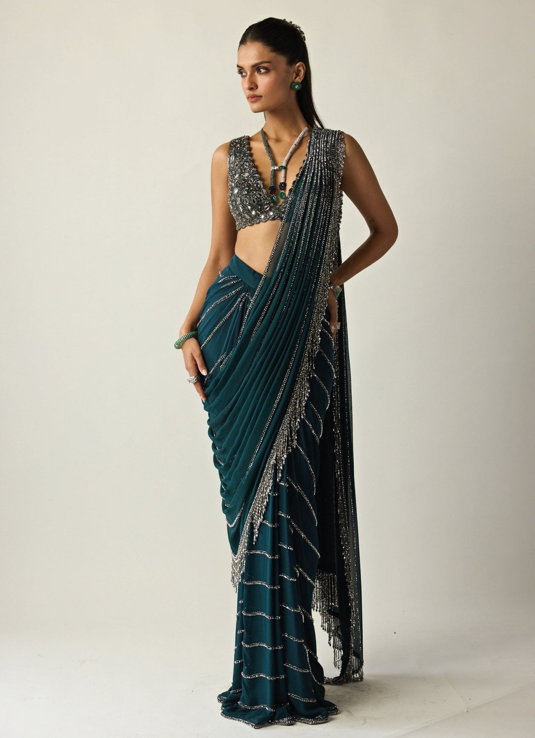 Dark Teal Green Linear Georgette Pre - Draped Saree Vvani by Vani Vats - Fabilicious Fashion