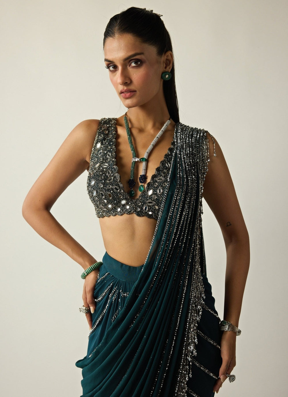 Dark Teal Green Linear Georgette Pre - Draped Saree Vvani by Vani Vats - Fabilicious Fashion