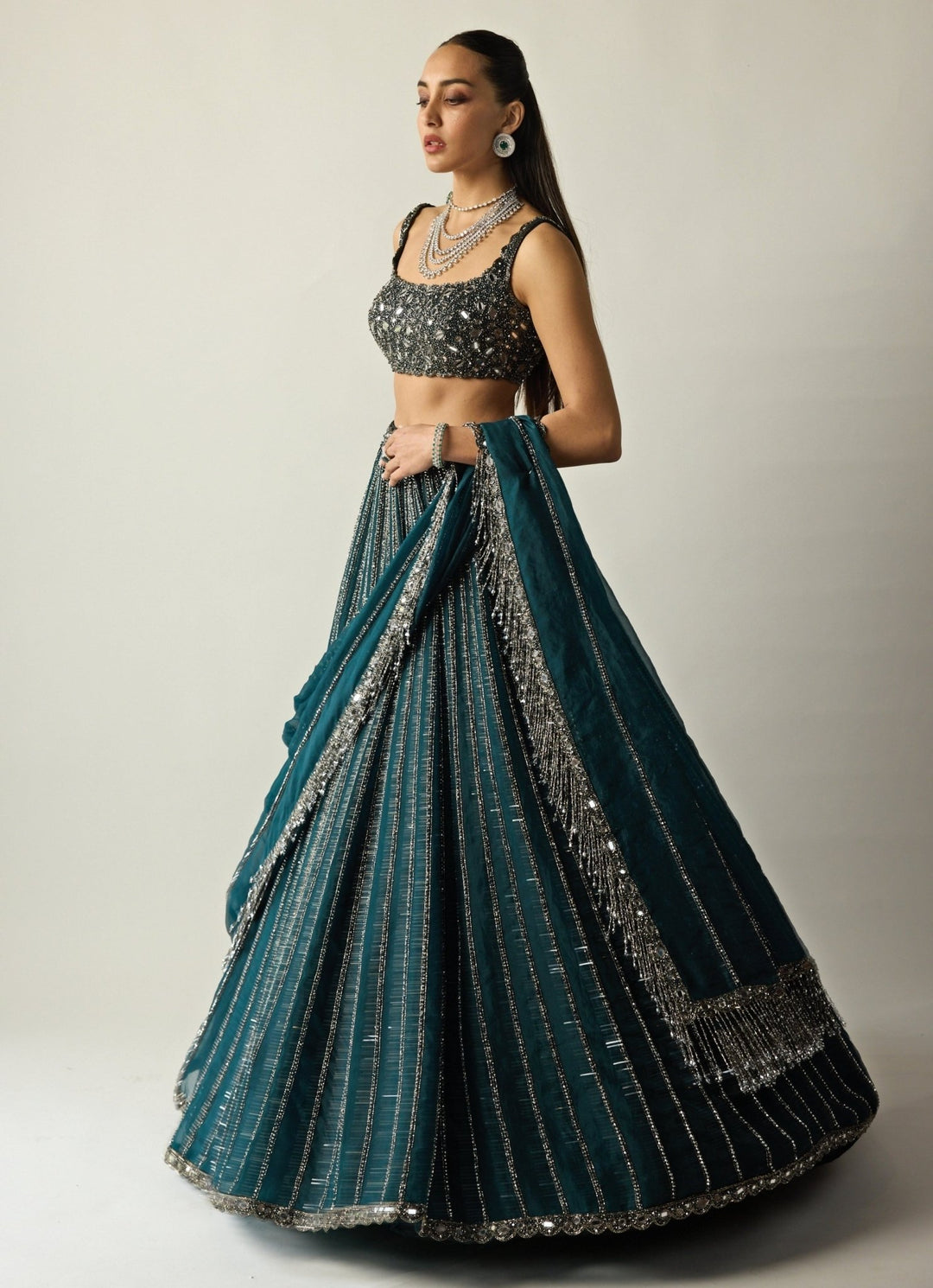Dark Teal Green Linear Organza Lehenga Set Vvani by Vani Vats - Fabilicious Fashion