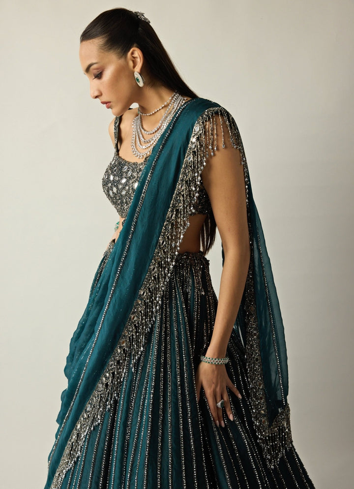Dark Teal Green Linear Organza Lehenga Set Vvani by Vani Vats - Fabilicious Fashion